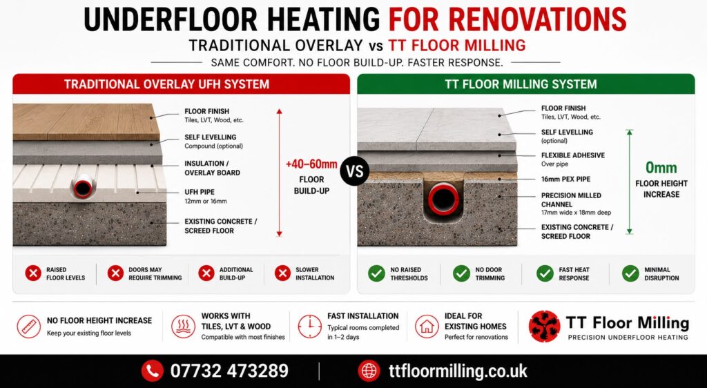 Cross-section view of retrofit underfloor heating system beneath floor finish