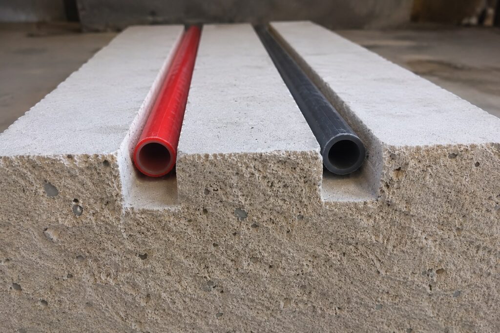 Underfloor heating pipes installed in floor milling channels beneath concrete floor